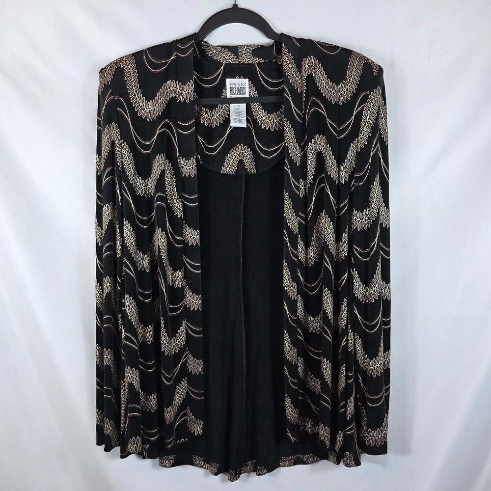R&M Richards by Karen Kwong Black & Gold Open Front Knit Jacket Women's Size 14